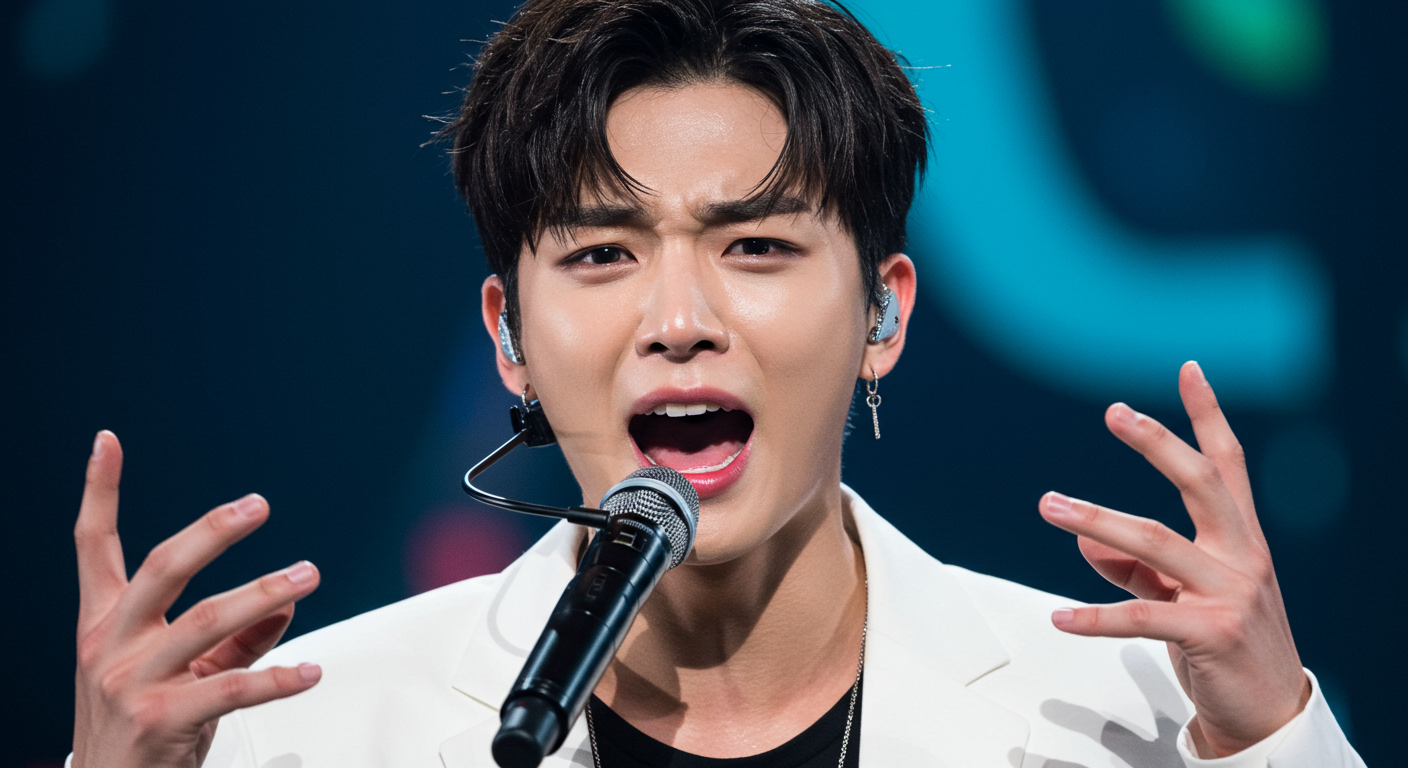 열정적으로 노래하며 손짓으로 감정을 표현하는 한국인 가수의 클로즈업