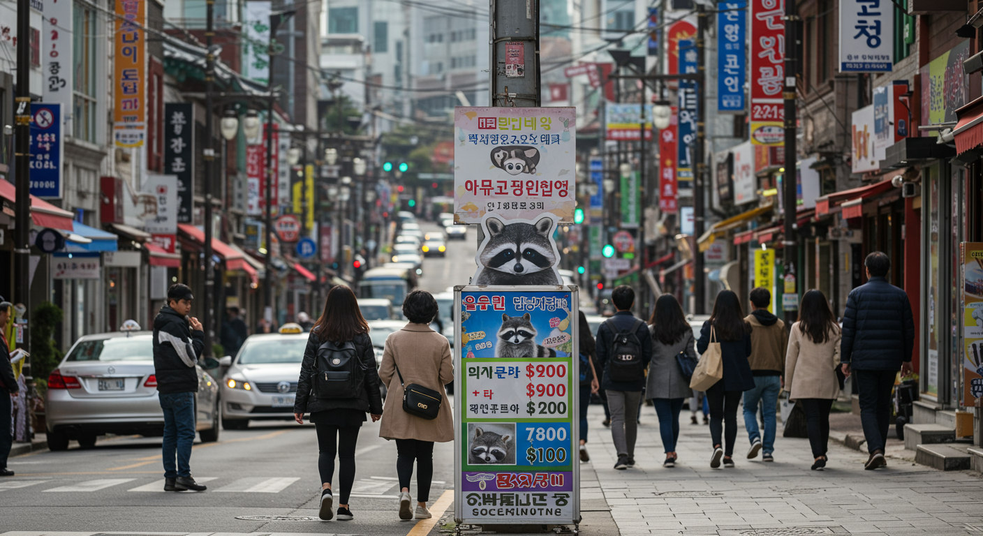 서울 거리에서 다양한 사람들이 지나가는 중 펫샵 간판에 표시된 라쿤 가격
