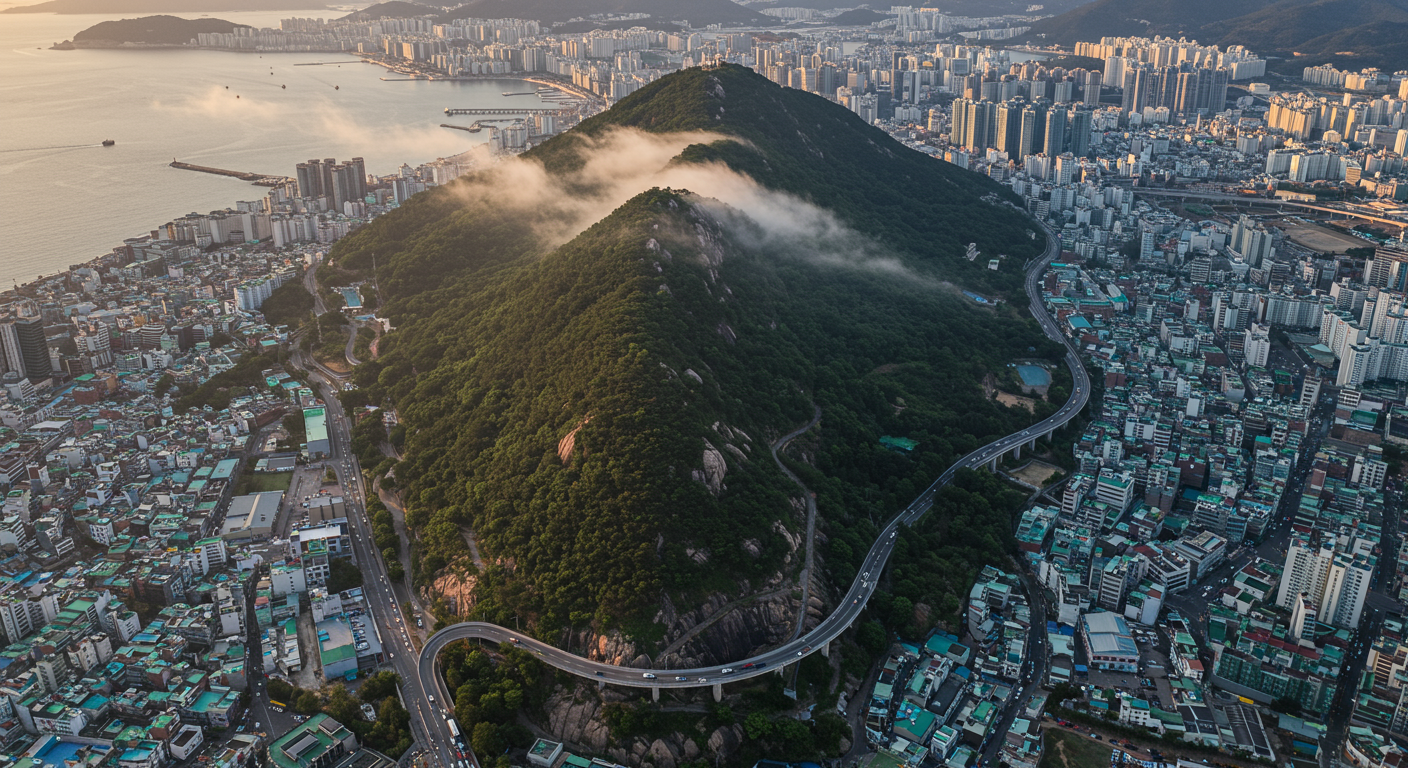 부산 도심에 위치한 작은 산인 쇠미산의 전경