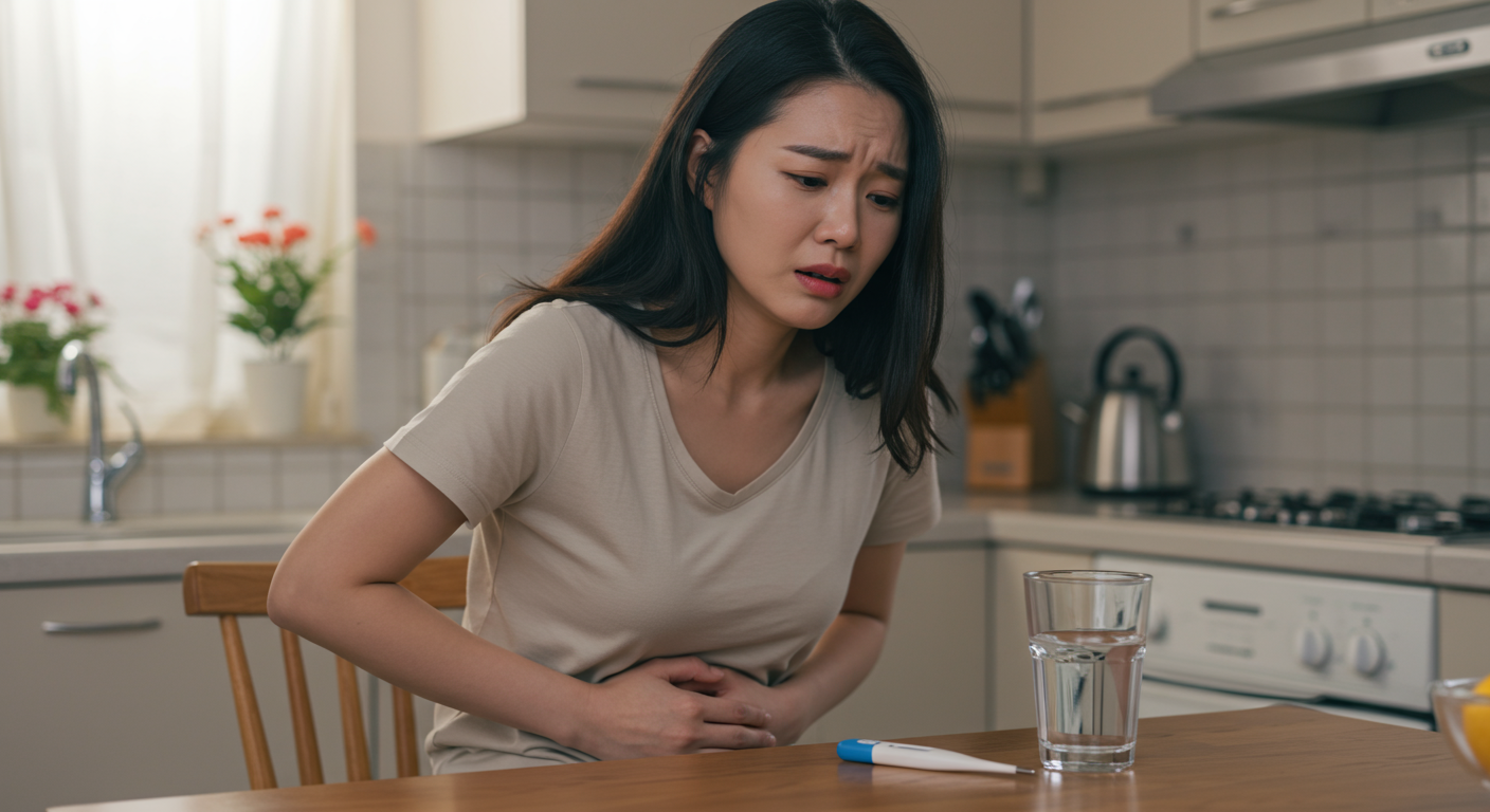 주방 테이블에 앉아 물컵과 체온계를 앞에 두고 복통을 호소하는 여성