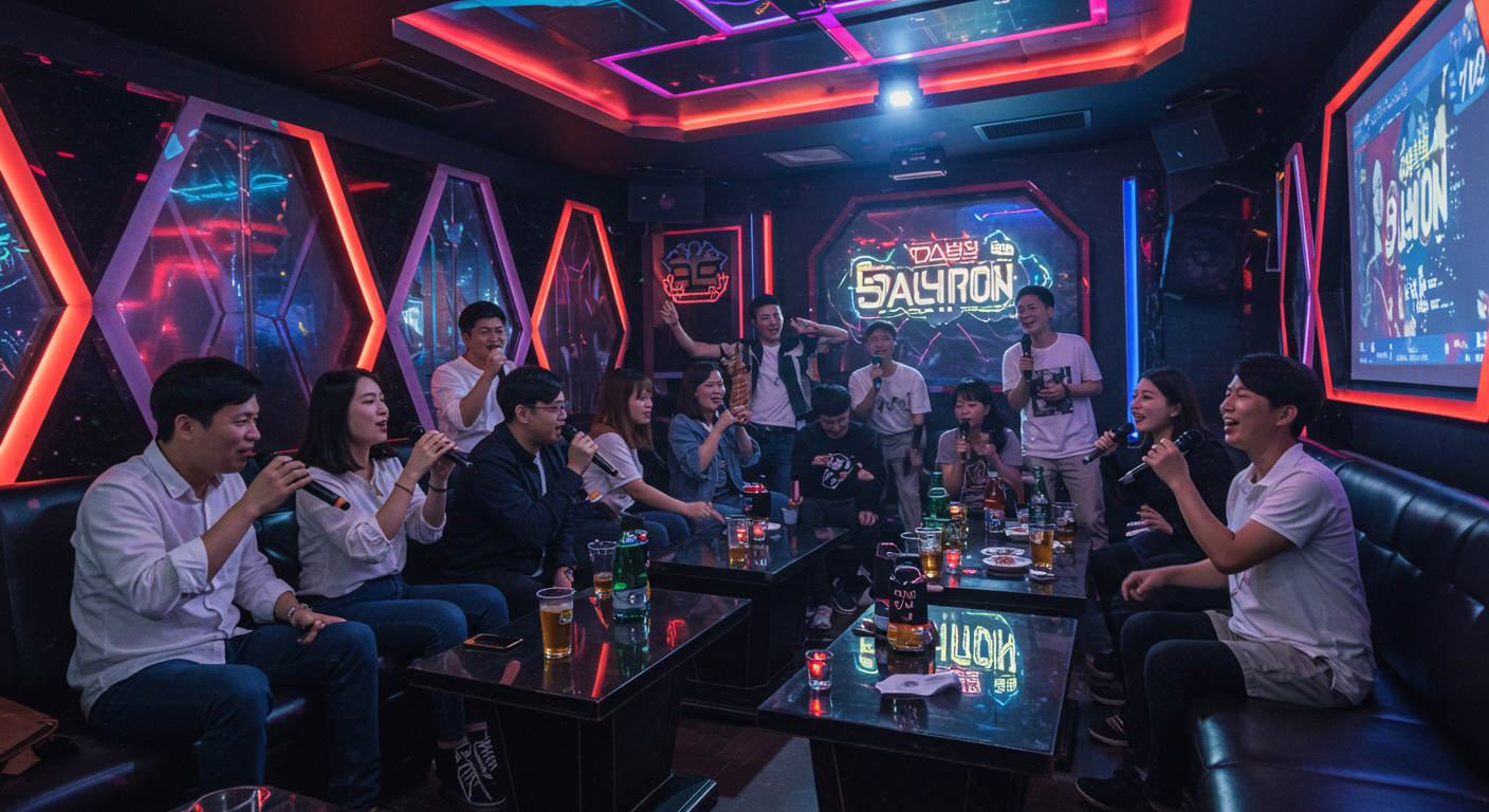 현대적이고 생동감 넘치는 노래방에서 친구들이 마이크로 노래하는 모습