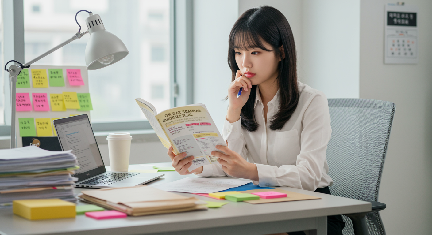 현대적인 책상에서 노트북을 보며 맞춤법 책을 고민스럽게 바라보는 직장인
