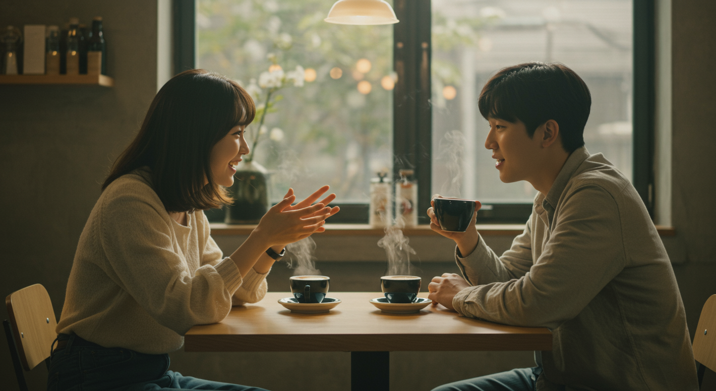 카페에서 커피를 마시며 손짓으로 설명하고 있는 젊은 커플의 대화 장면