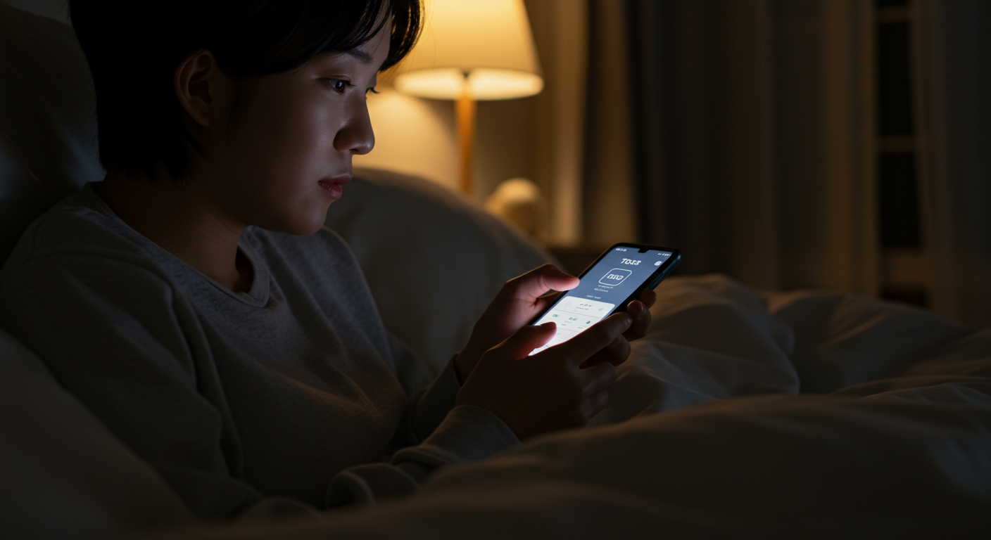 자정에 스마트폰으로 토스 앱을 확인하는 사용자의 모습