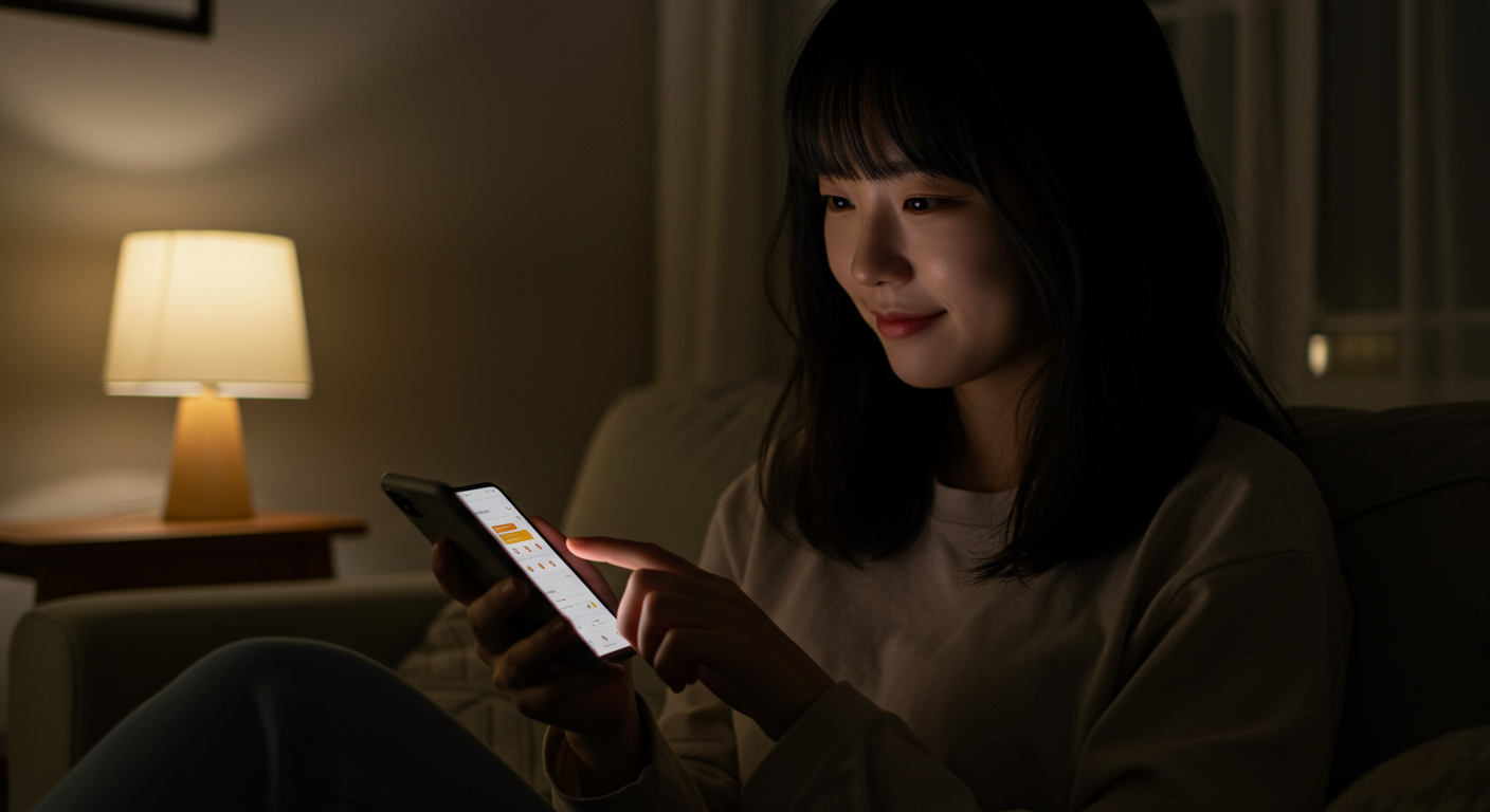 저녁 시간에 토스 앱의 다양한 선택지를 살펴보는 사용자