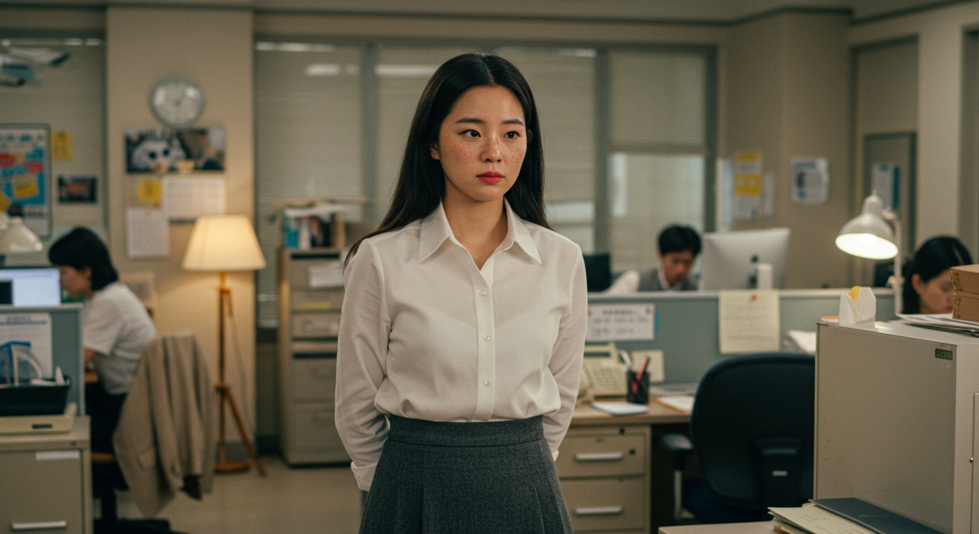 1990년대 서울 사무실에서 자연스러운 주근깨 메이크업을 한 여배우