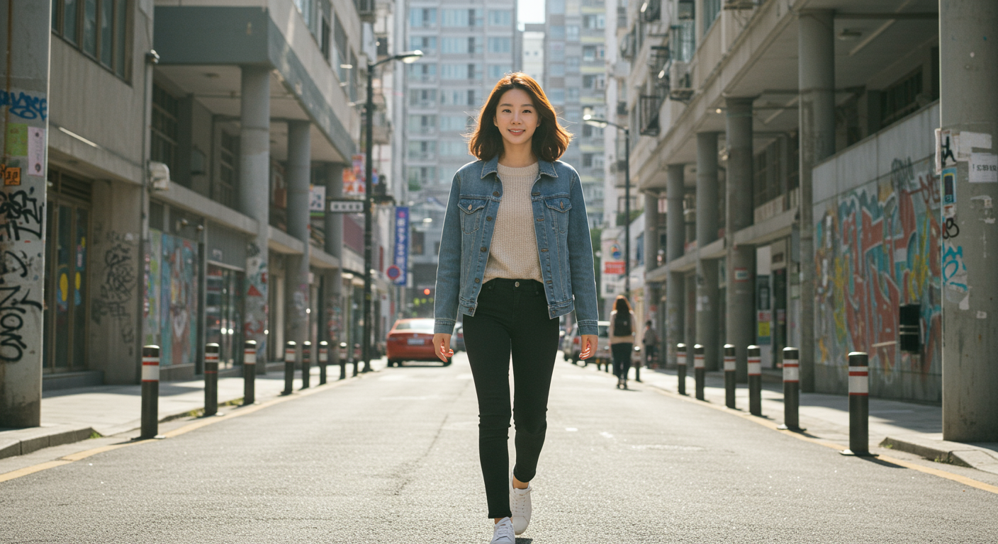 도심에서 얇은 자켓과 스웨터를 겹쳐 입은 여성
