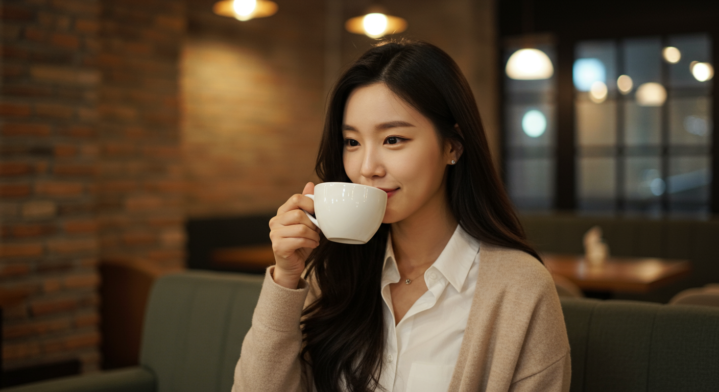 카페에서 베이지색 가디건과 흰 셔츠를 입고 커피를 마시는 여성