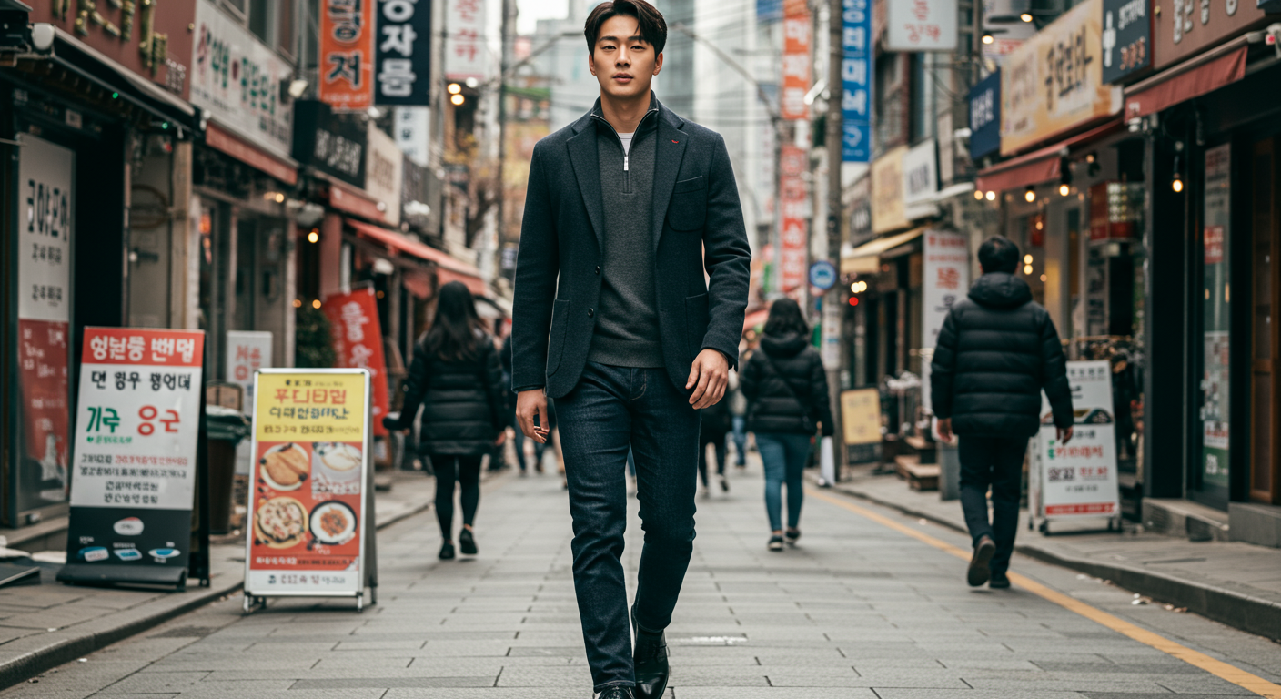 서울 거리에서 블레이저와 니트 집업 차림으로 걷는 직장인