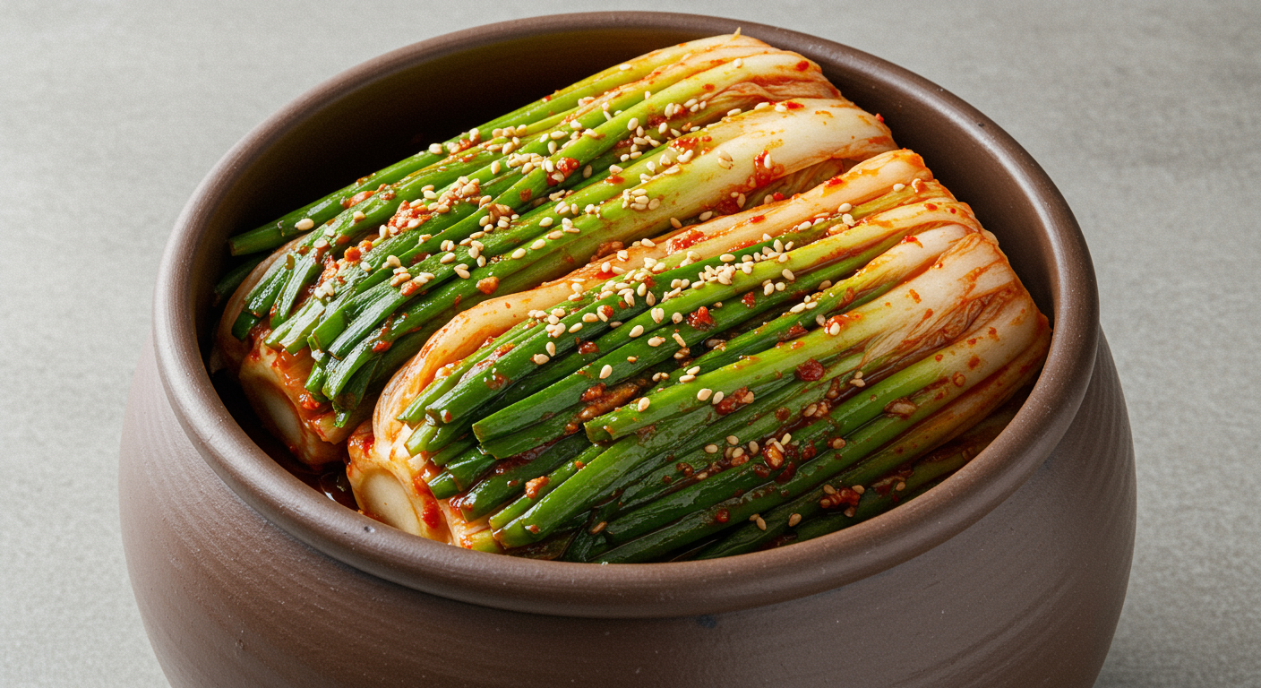 통깨를 뿌린 파김치를 김치통에 차곡차곡 담는 모습