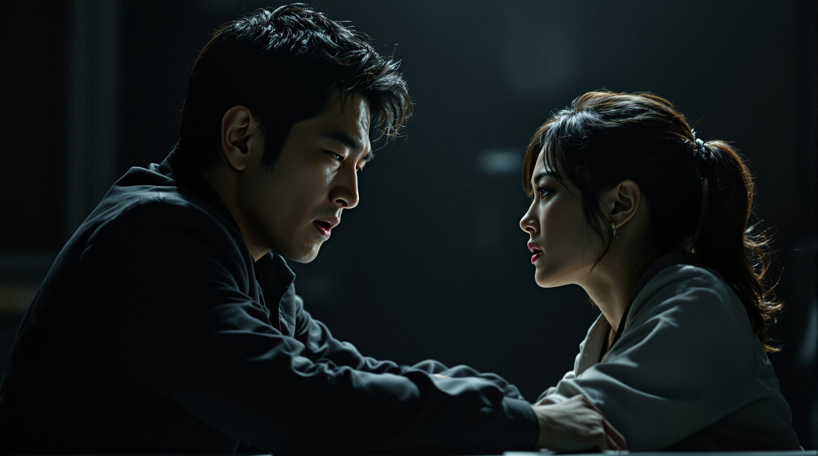 박찬욱 감독의 신작 블랙 코미디 스릴러 영화 세트장에서 긴장감 넘치는 장면을 연기하는 이병헌과 손예진