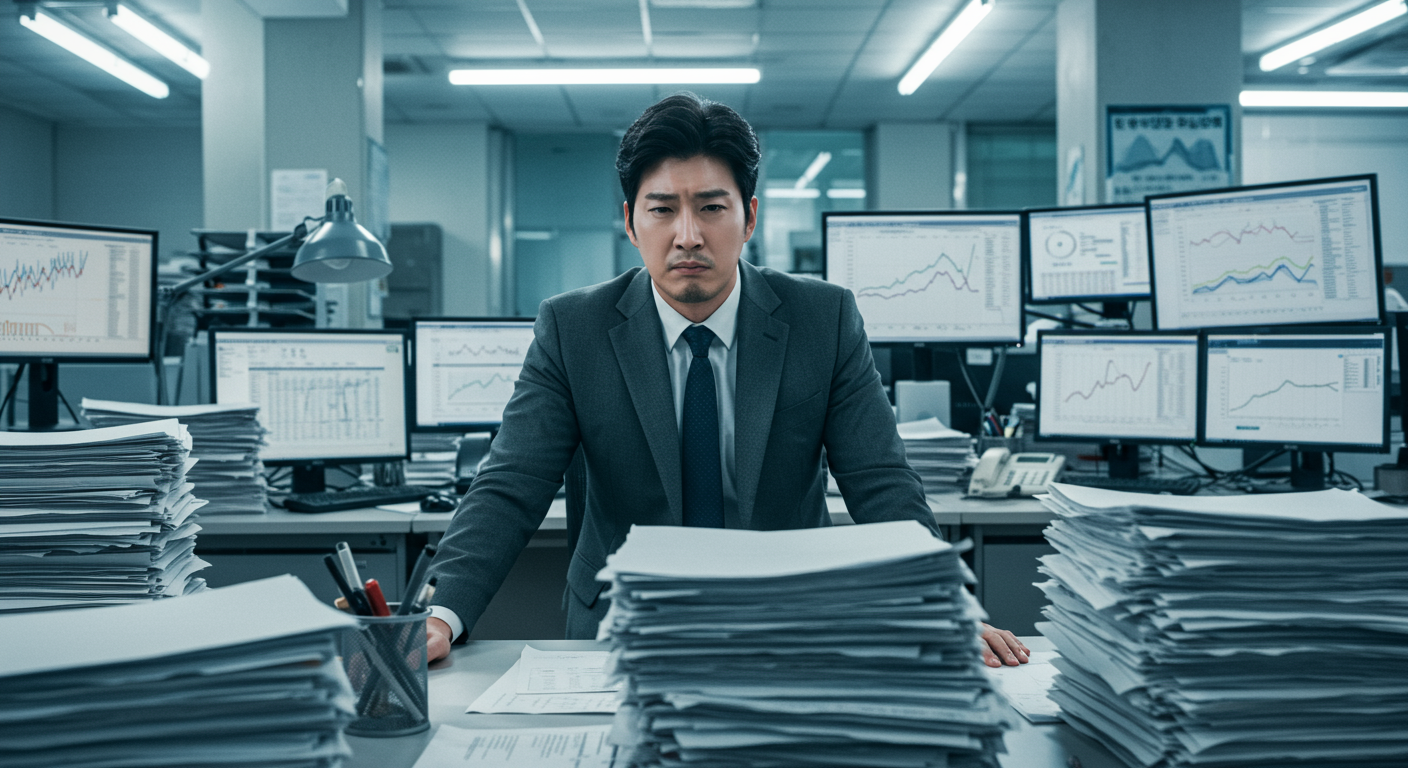 현대적인 사무실에서 서류와 컴퓨터 화면 사이에서 스트레스를 받는 정장 차림의 한국 회사원