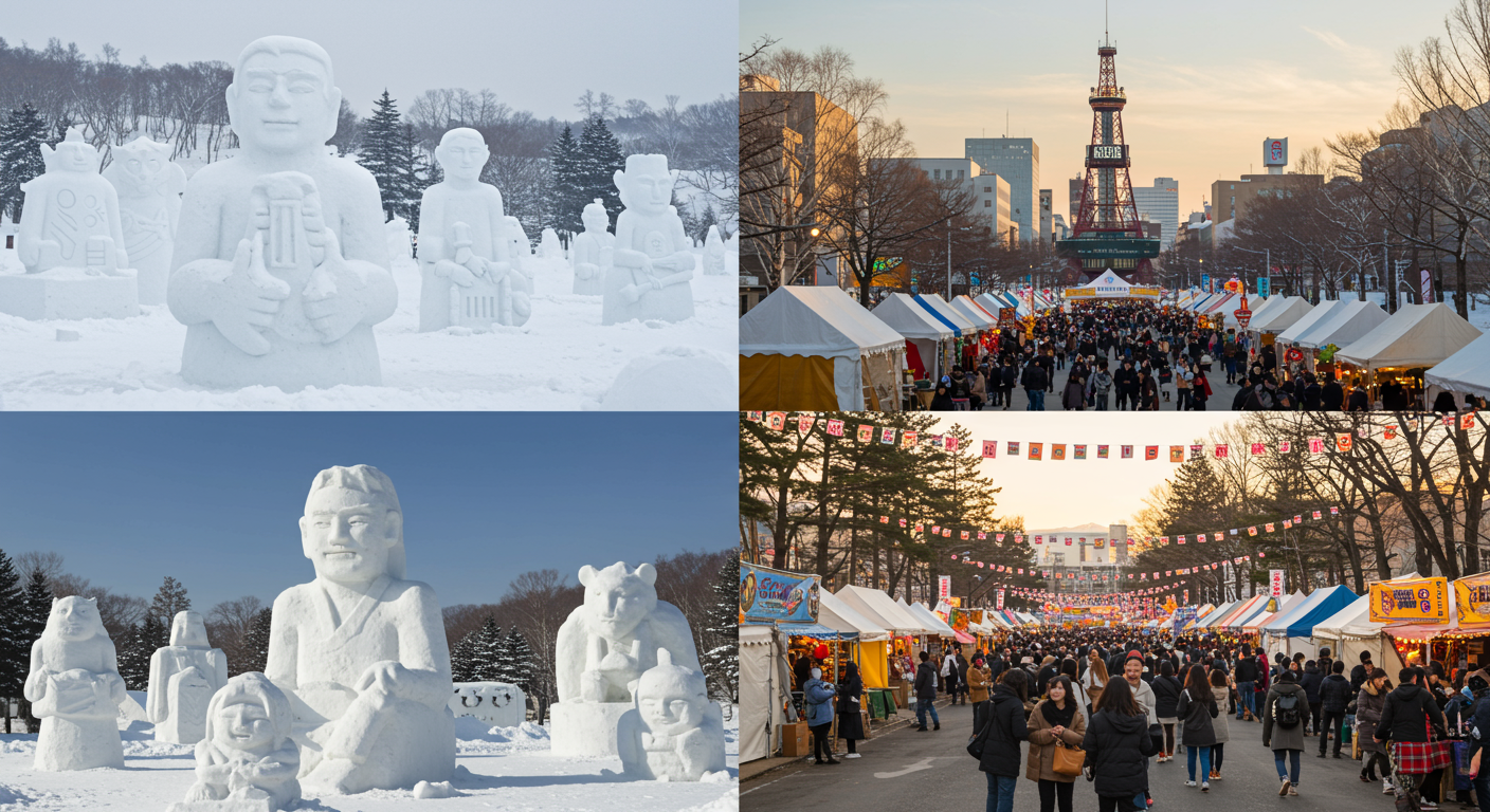삿포로의 겨울 눈축제와 여름 맥주축제를 배경으로 한 도시 풍경