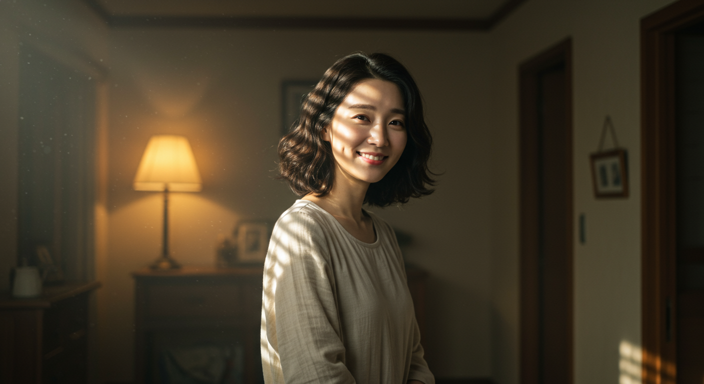 희망과 생명의 상징 속에서 차분하게 미소 짓는 중년 여성