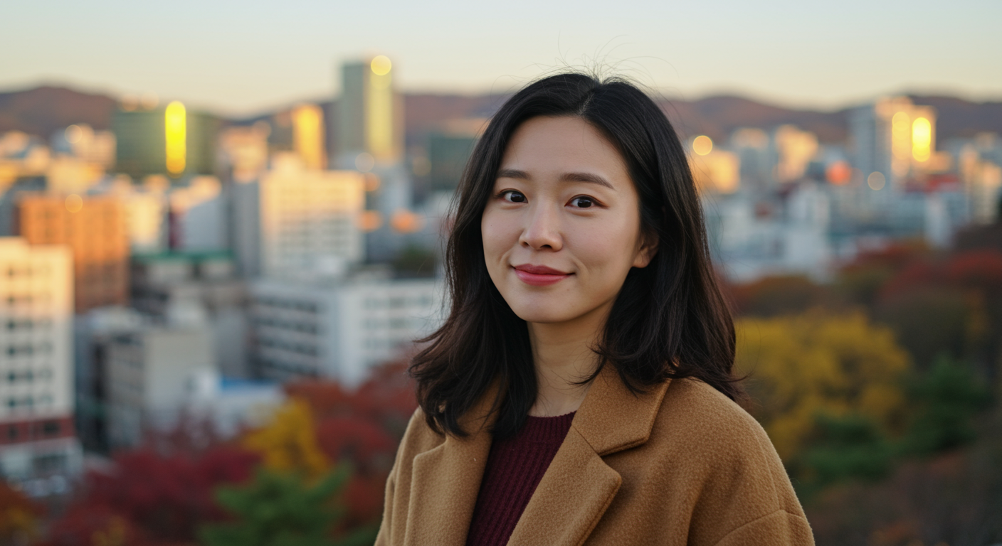 가을 도심 배경으로 생각에 잠긴 젊은 여성의 모습
