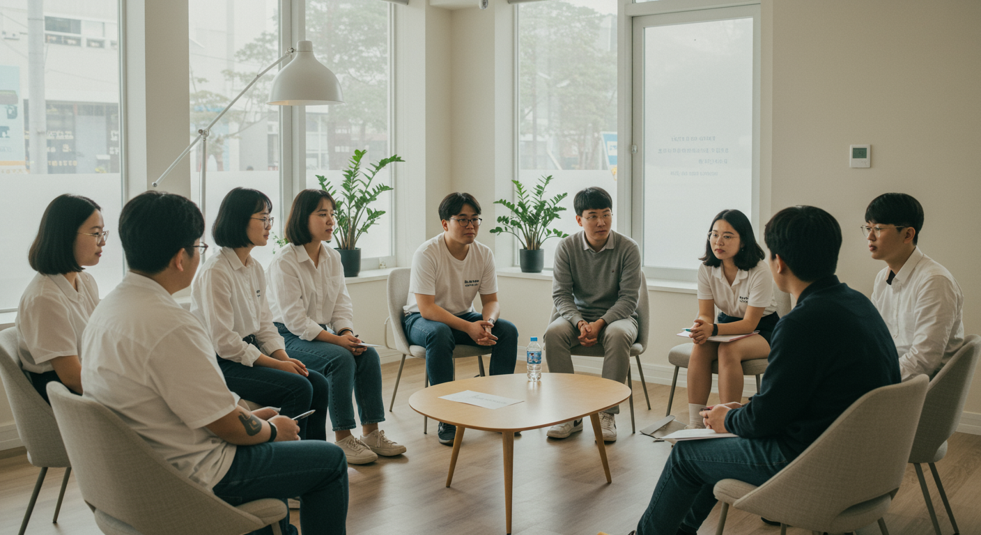 현대적인 커뮤니티 센터에서 열린 마음 건강 토론 모임에 참여 중인 사람들
