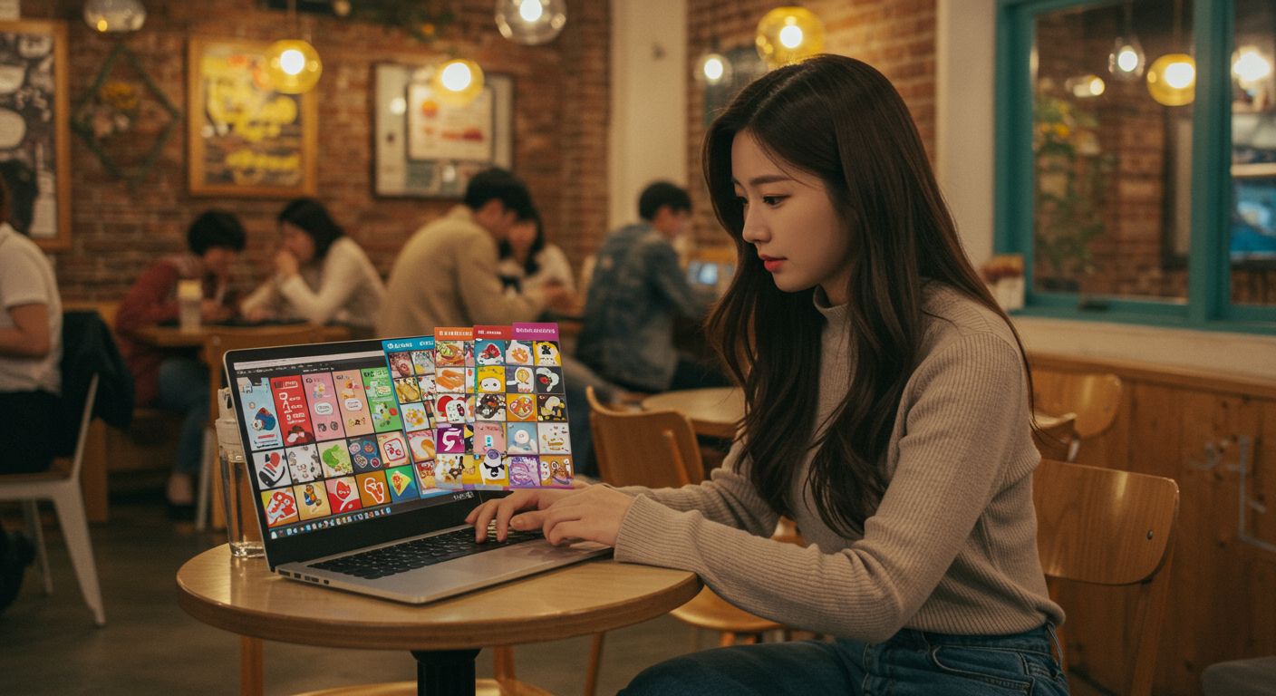 최신 카페에서 노트북으로 다양한 컬러풀한 카카오톡 테마를 둘러보는 한국 여성