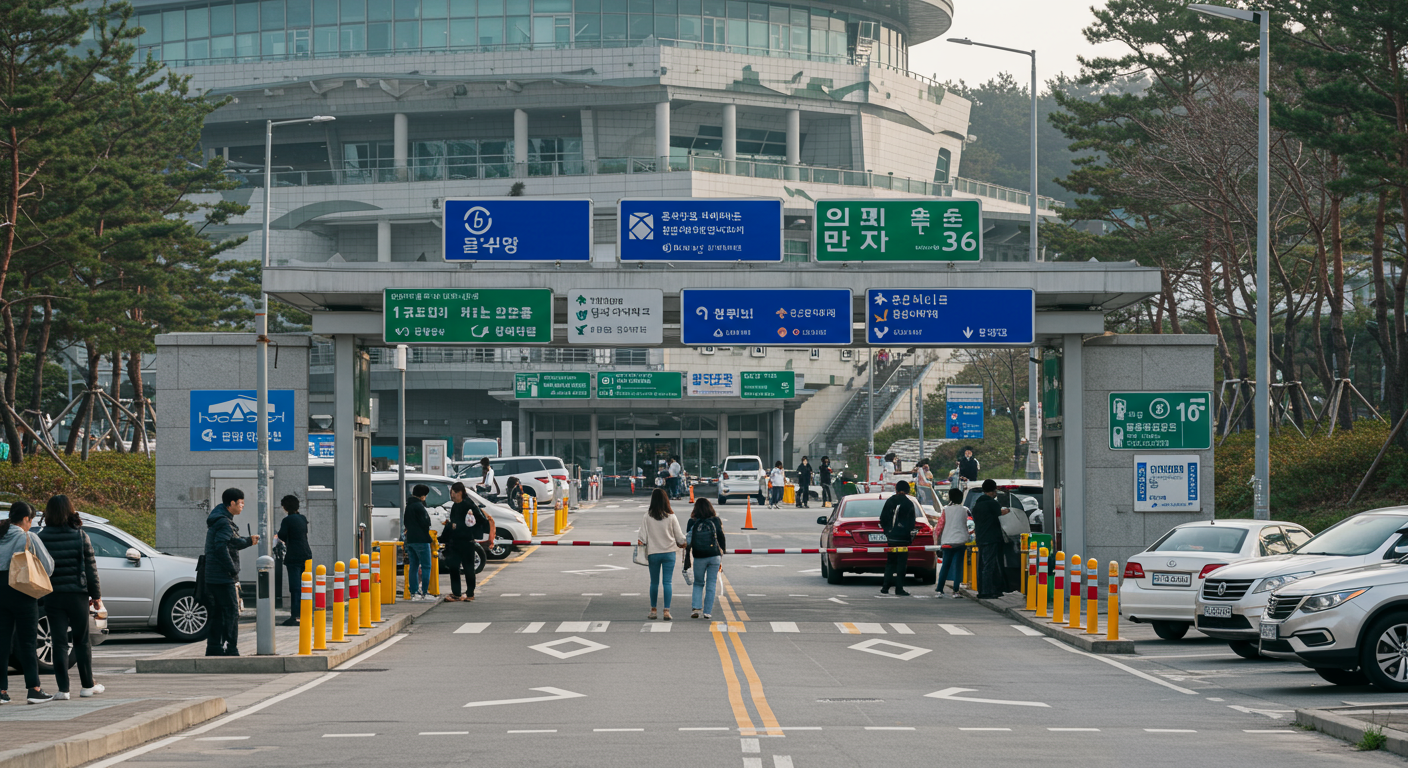 고양 종합 운동장을 배경으로 한 분주한 주차장 입구와 명확한 표지판
