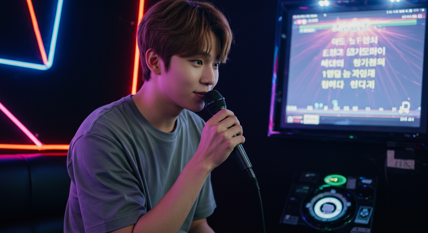 젊은 남성이 노래방에서 마이크를 들고 화면을 보며 노래하는 장면