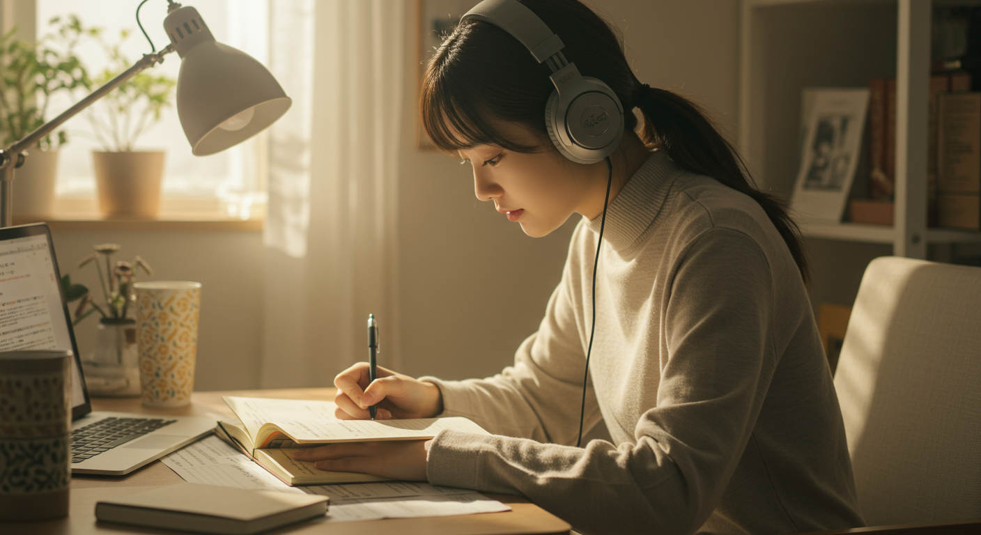 집에서 헤드폰을 쓰고 음악을 들으며 요루니 카케루 등의 곡을 적는 학습적인 분위기