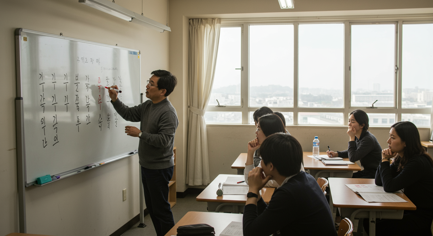교실에서 한국인 선생님이 화이트보드에 히라가나와 가타카나를 적는 장면