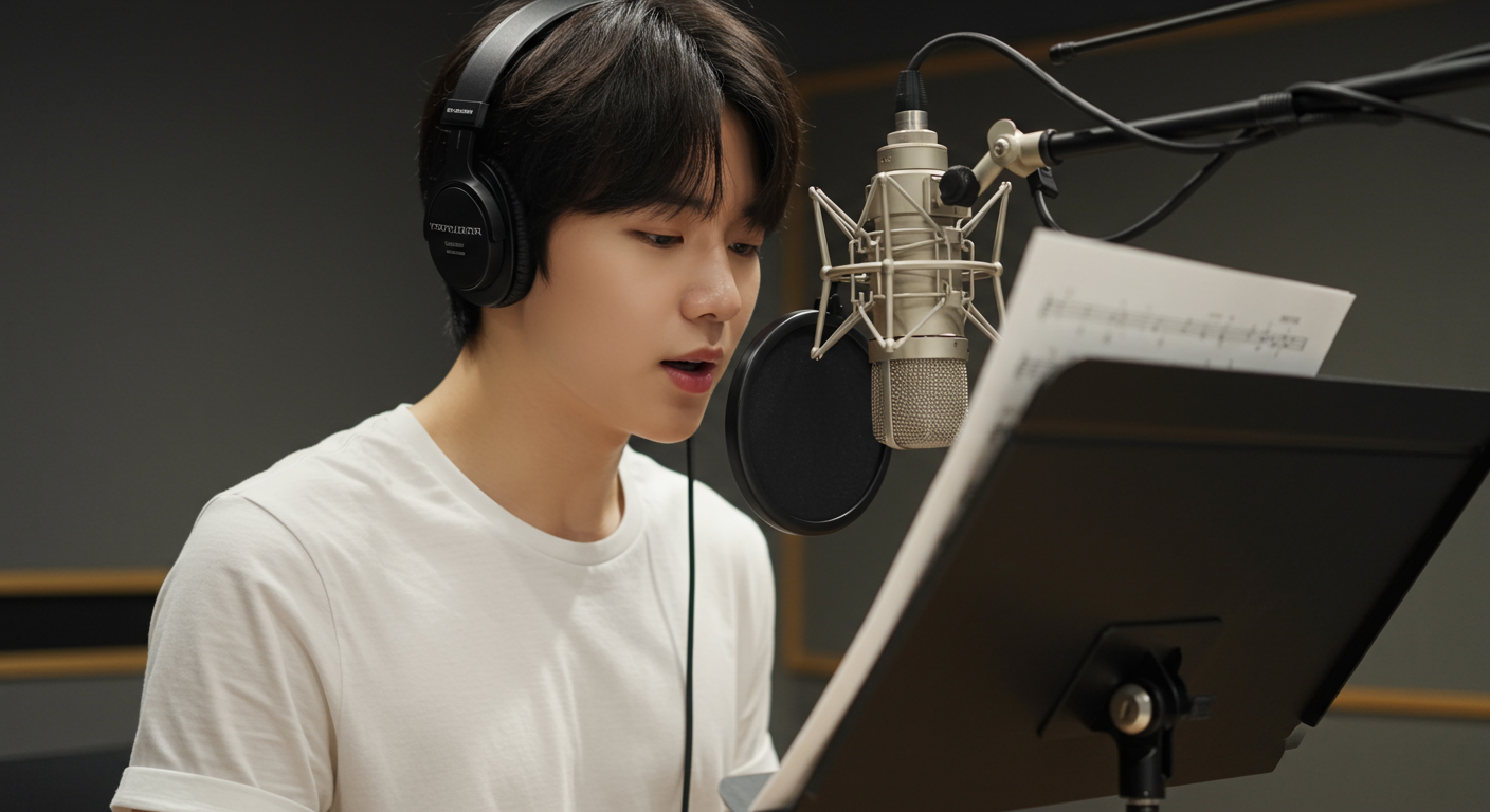 음악 스튜디오에서 마이크 앞에 서서 악보를 보며 발음을 연습하는 한국인 가수