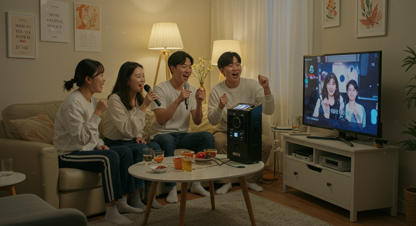 집에서 TV 화면에 가사가 표시된 채로 친구들과 함께 노래방 연습을 하는 젊은 한국인들