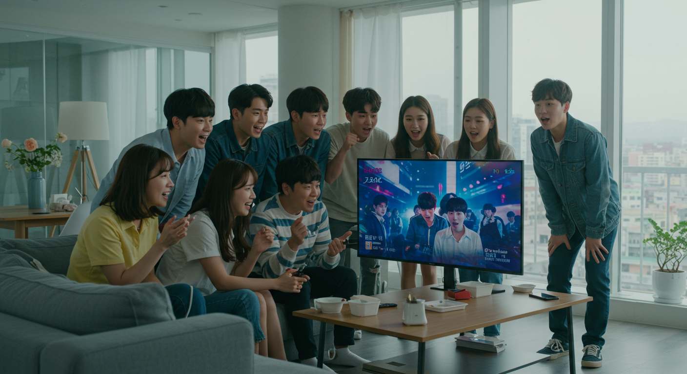 젊은 사람들이 거실에서 티비를 보며 프로그램의 미래에 대해 토론하는 모습