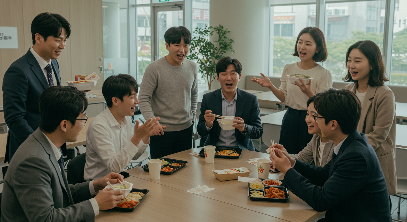 직장인들이 점심시간에 드라마 방영 일정에 대해 이야기하는 모습
