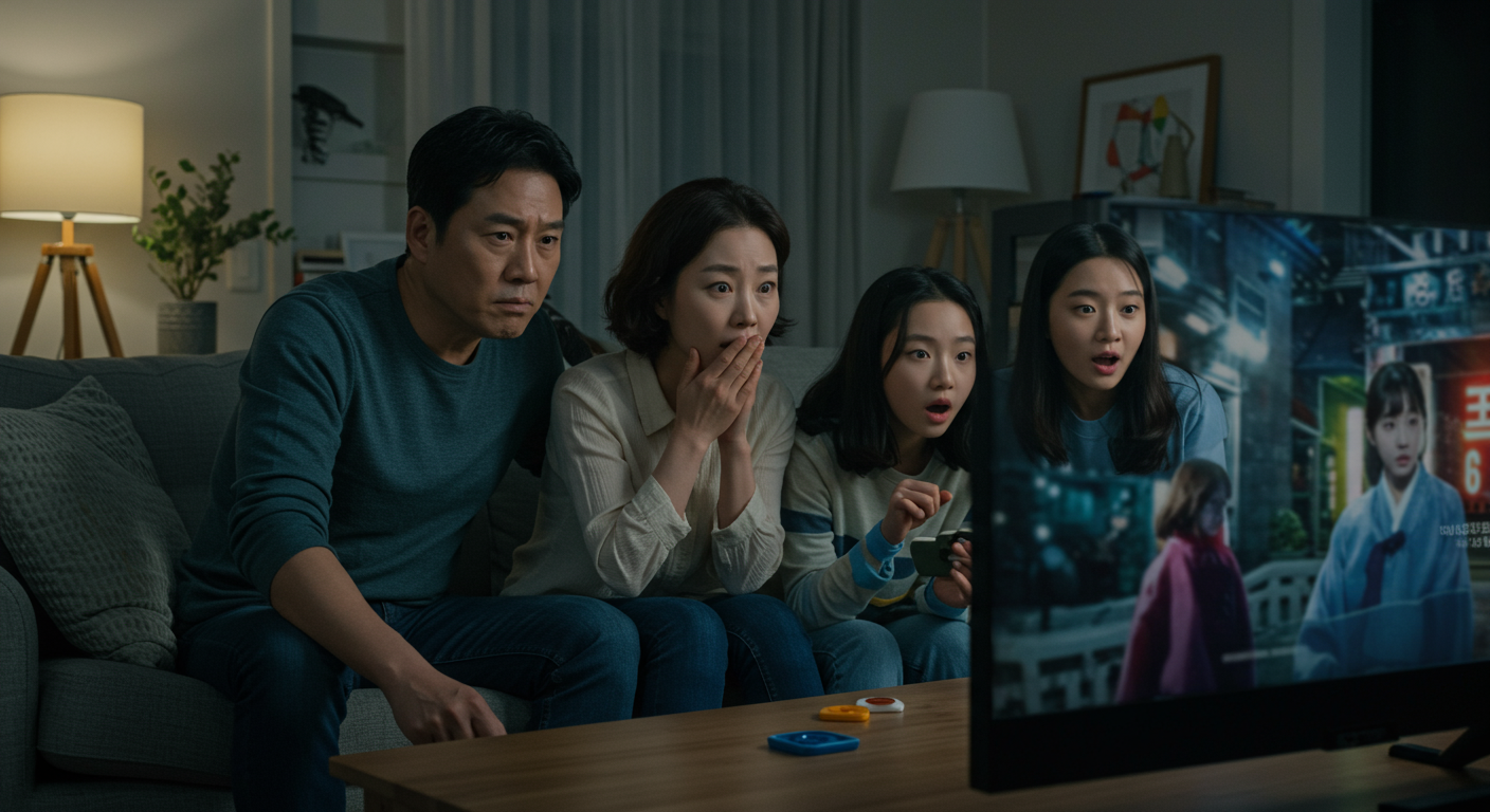 큰 TV로 드라마를 보고 있는 한국 관객들의 몰입된 표정