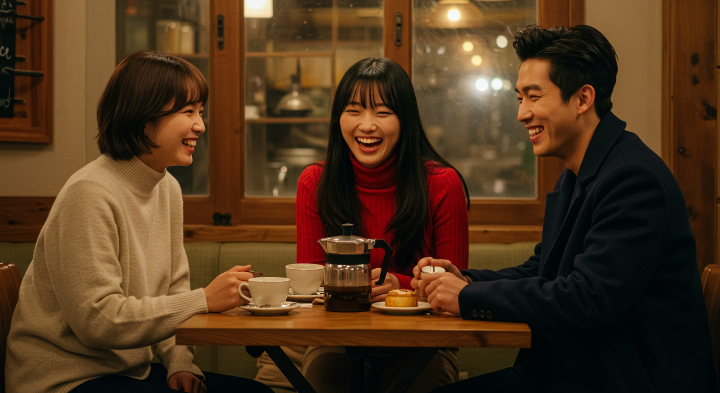 카페에서 커피를 마시며 웃고 있는 세 명의 한국 친구들