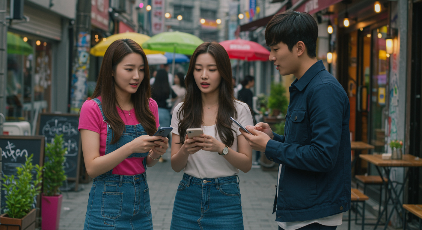 인기 드라마에 대해 스마트폰으로 토론하는 젊은 한국인들의 활기찬 모습