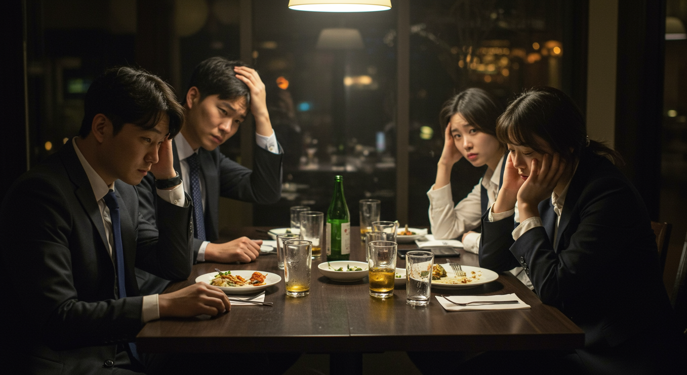회사 회식 자리에서 피곤하고 지친 모습의 젊은 직장인들