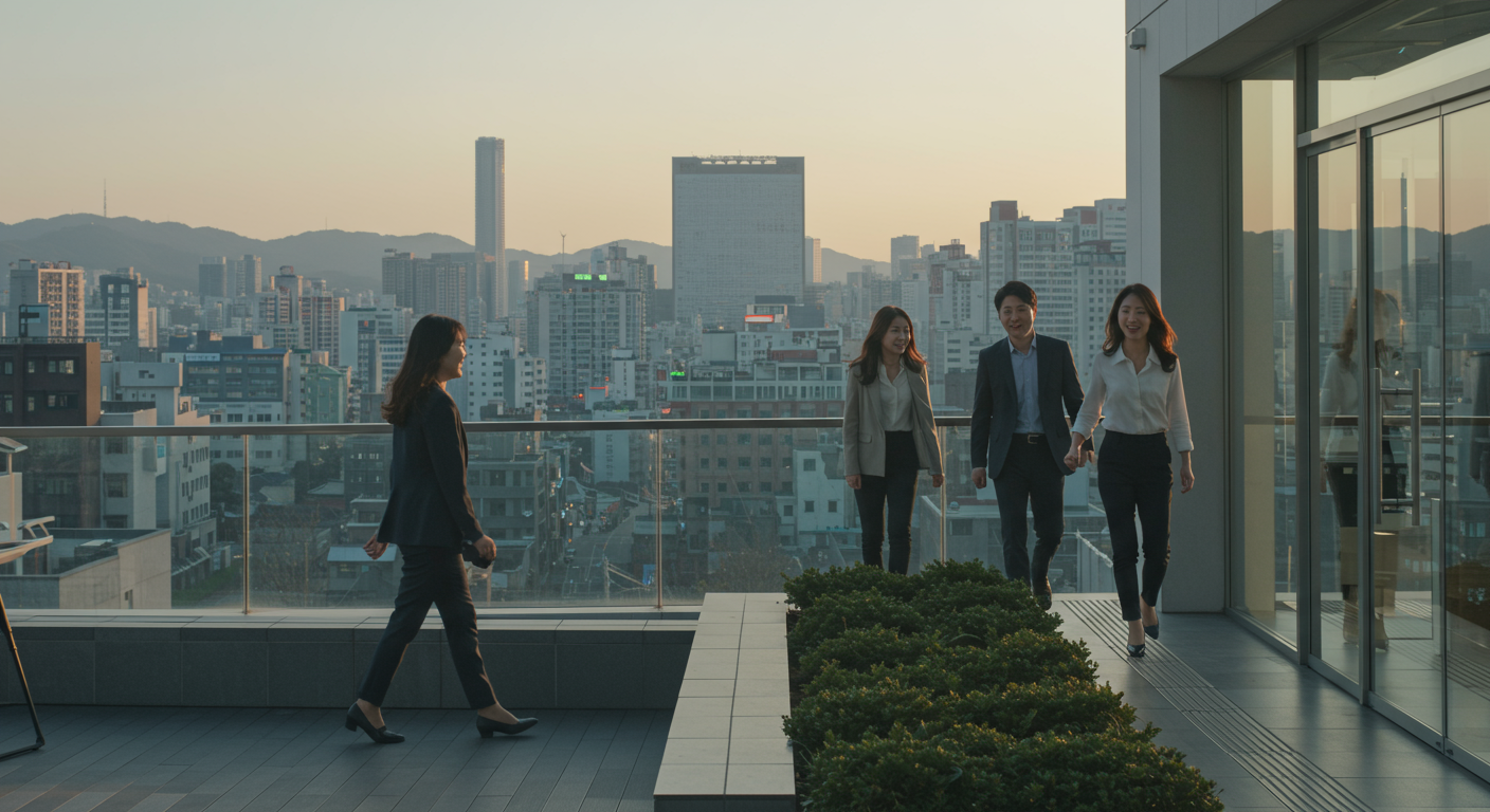 정시 퇴근하며 밝게 웃고 있는 현대 한국 사무실 직원들
