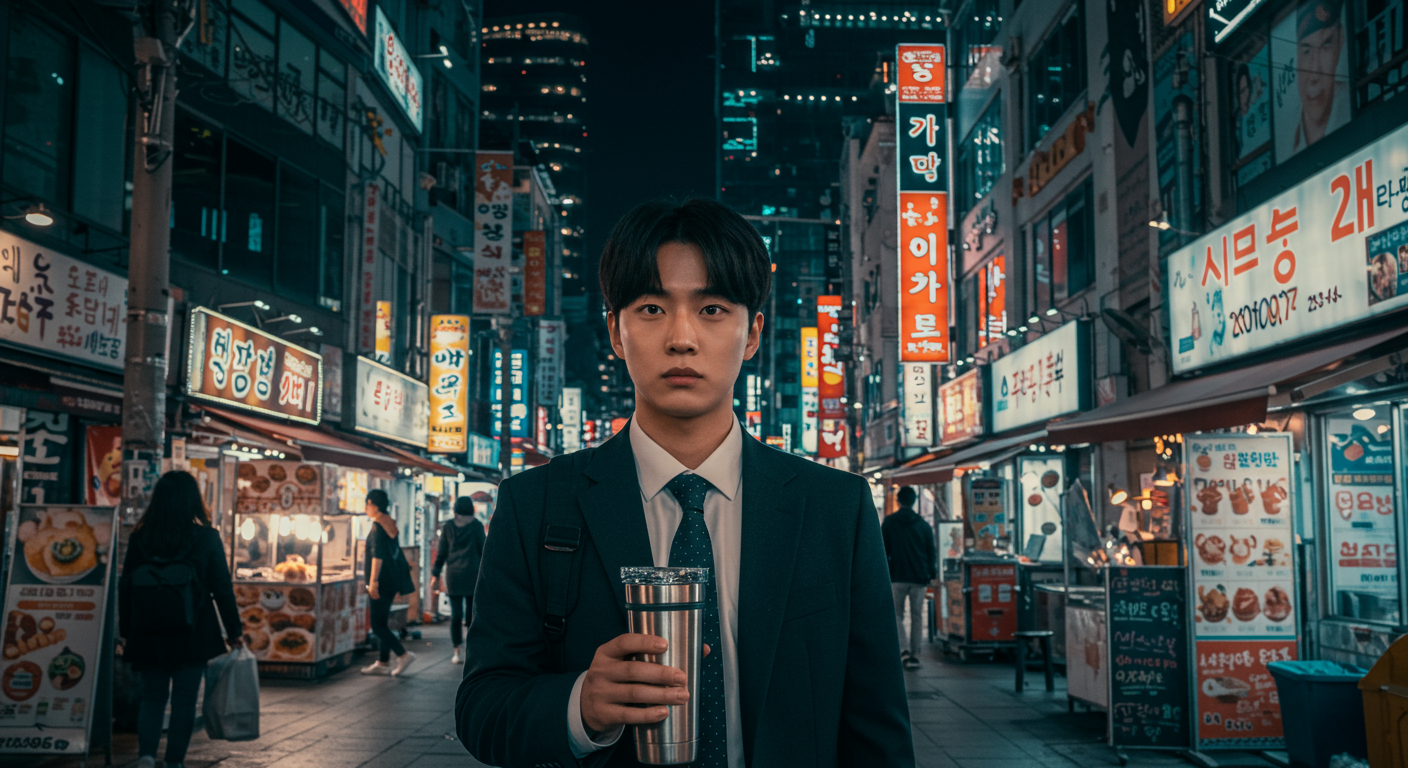 서울 거리에서 스타일리시한 텀블러를 들고 걷는 젊은 직장인