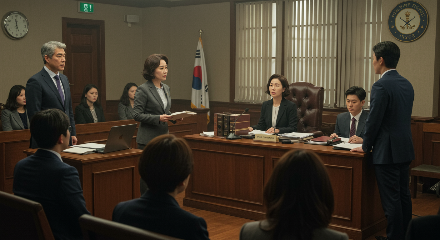 온라인 명예훼손 사건 재판이 진행 중인 법정 내부 모습
