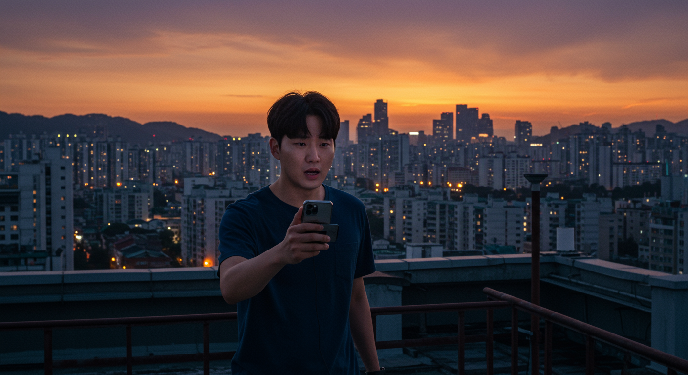 한국 남성이 저녁 시간 부천의 아파트 옥상에 서 있는 긴박한 장면