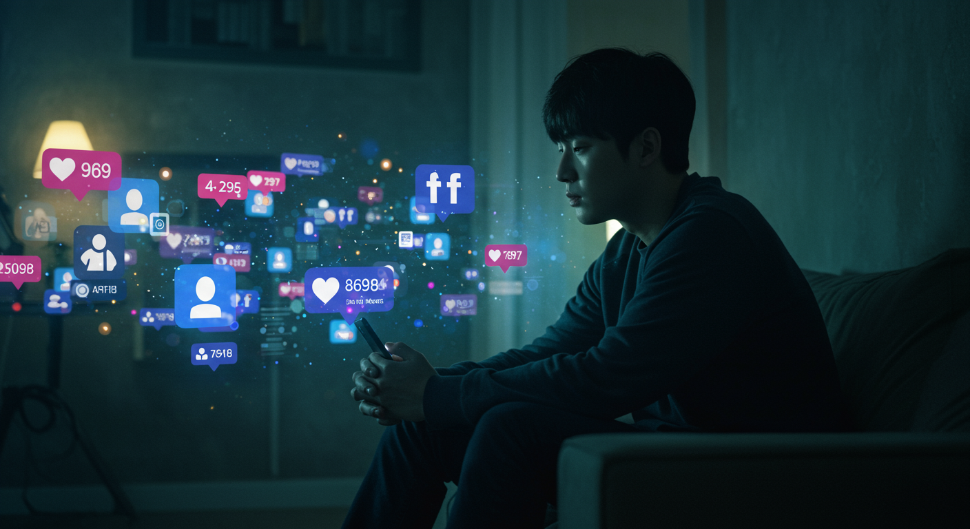 어두운 방에서 사회적 미디어 아이콘에 둘러싸인 채 고립감을 느끼는 모습