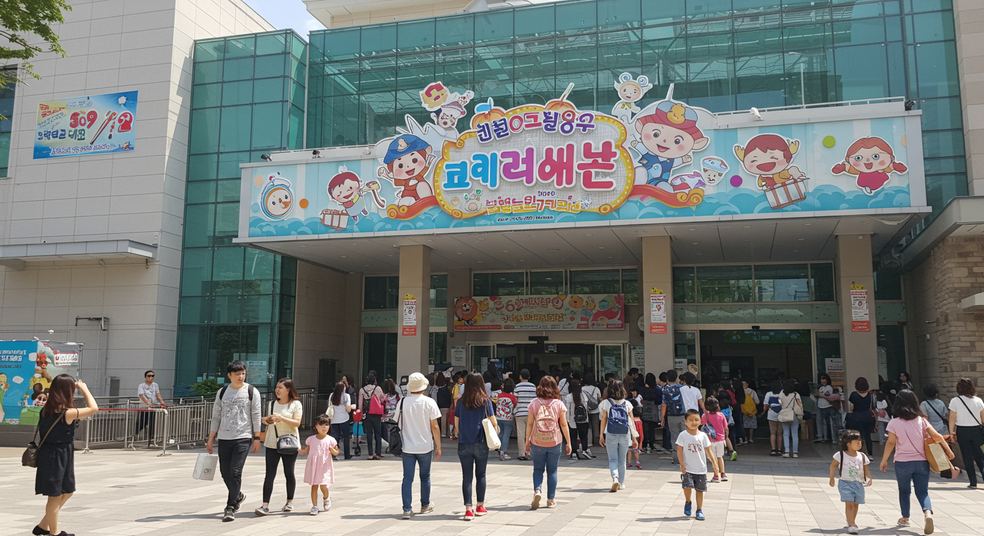 현대적인 한국 놀이공원 입구와 북적이는 가족들 모습