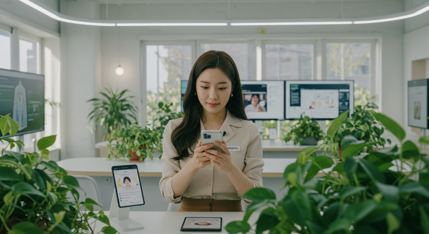 현대적인 사무실에서 스마트폰으로 복지로 앱을 사용하는 여성
