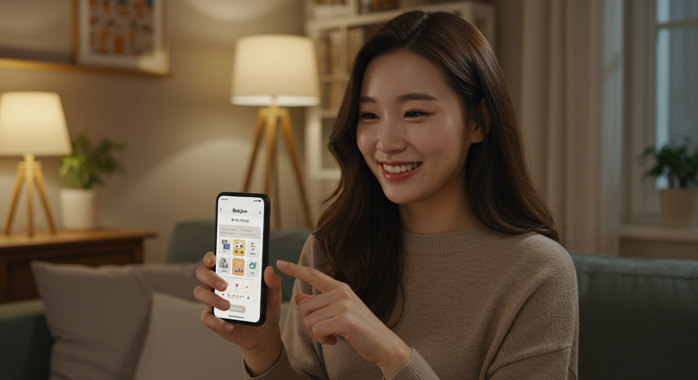 젊은 여성이 집에서 따뜻한 분위기 속에 복지로 앱을 사용하며 신청 단계를 진행하는 모습