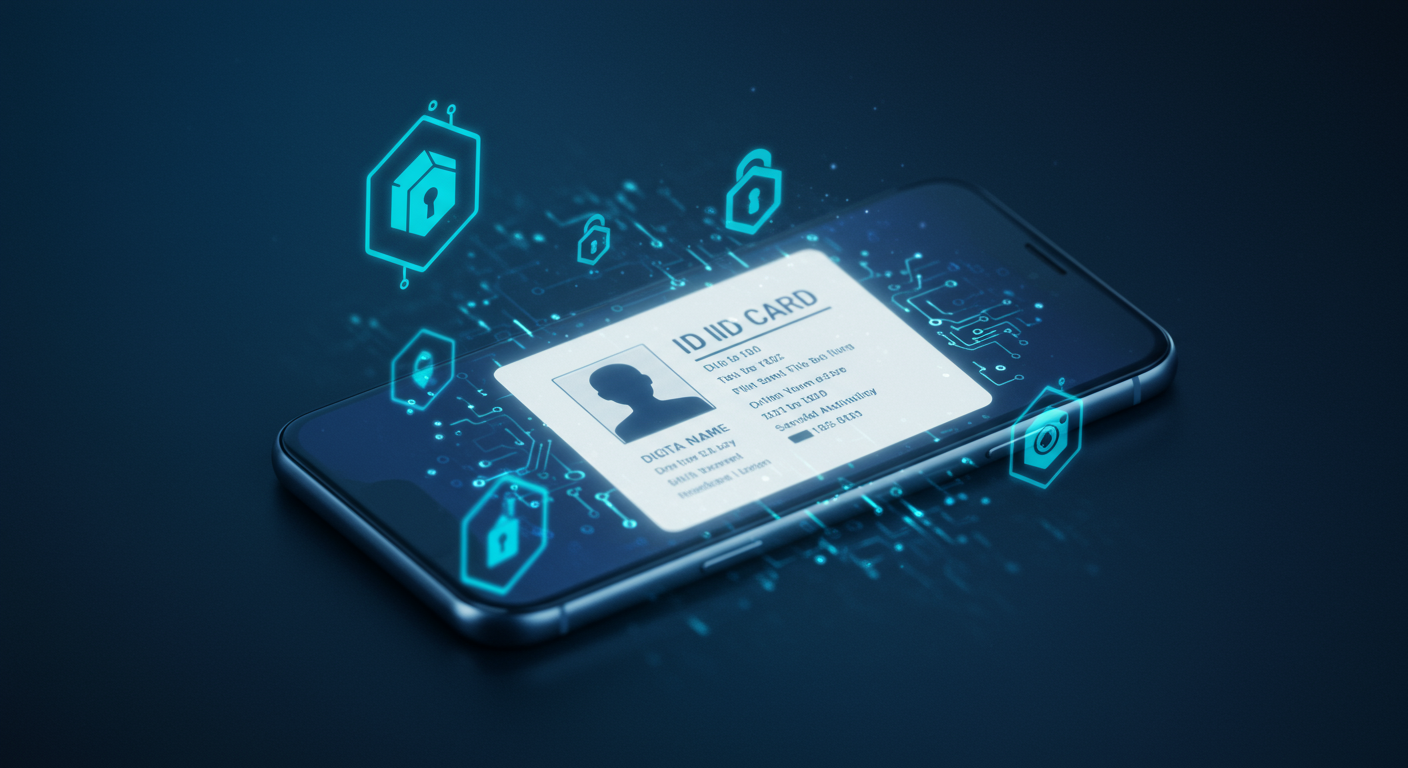스마트폰 화면에 표시된 디지털 신분증과 블록체인 아이콘