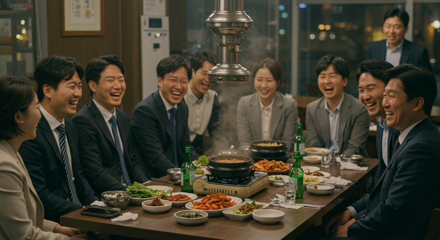 직장 회식에서 한국인 직원들이 함께 웃으며 대화하는 모습