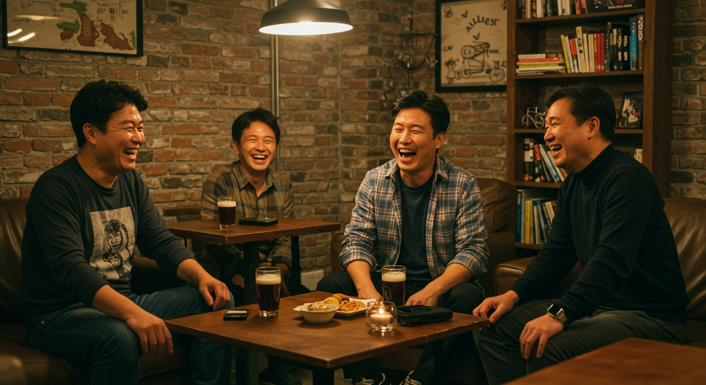 중년 남성들이 카페에서 재미있는 농담을 주고받는 장면