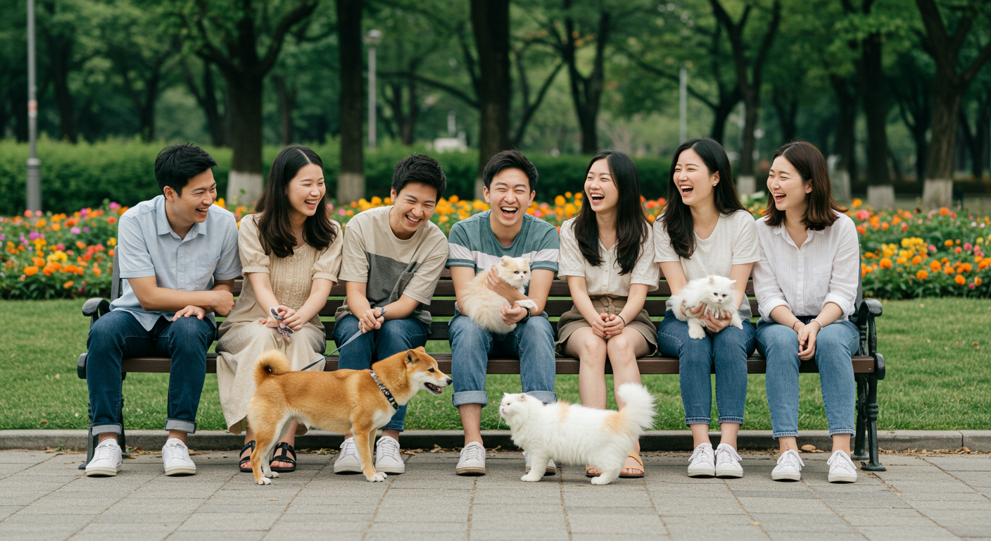 친구들이 공원에서 반려동물과 함께 동물 주제의 농담을 나누며 웃고 있는 모습
