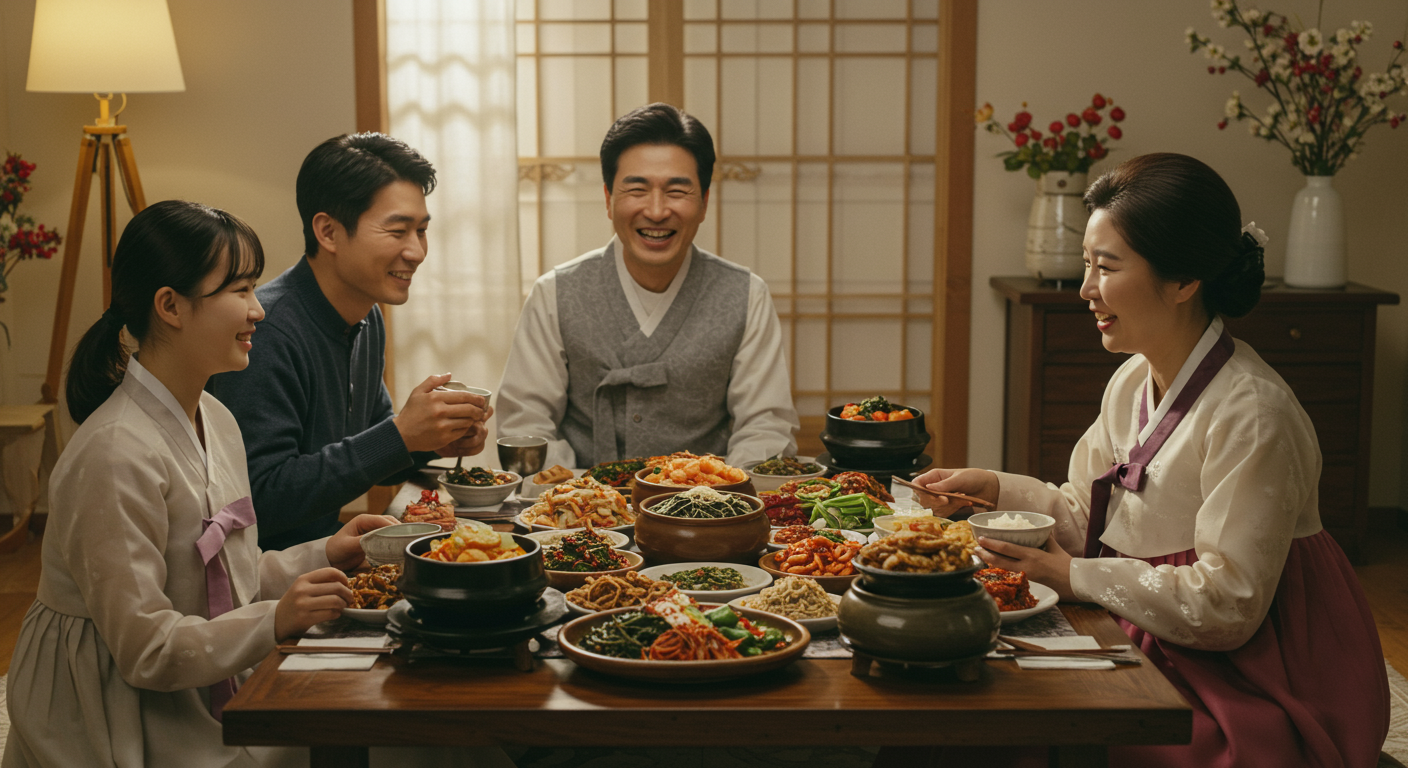명절 식사 자리에서 가족이 함께 유머를 나누며 즐거운 시간을 보내는 장면