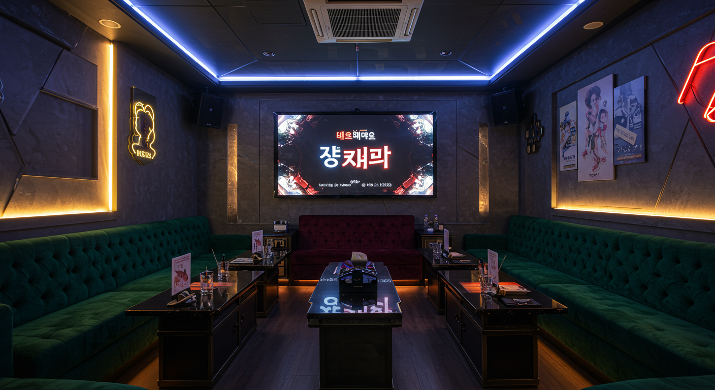 디지털 선택 화면에 '레디레'가 표시된 현대적인 한국식 노래방 내부