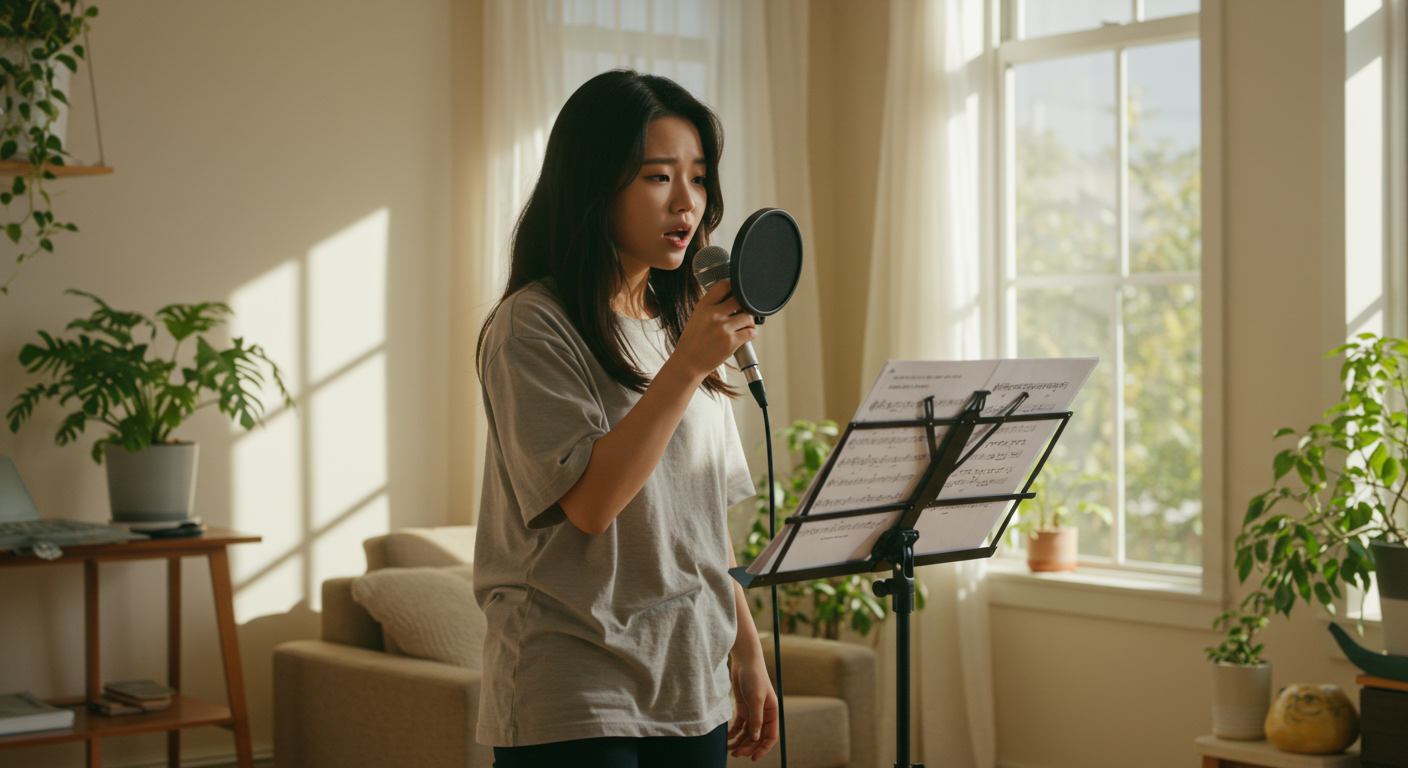 밝은 방에서 마이크와 악보를 들고 자신감 있게 연습하는 젊은 여성