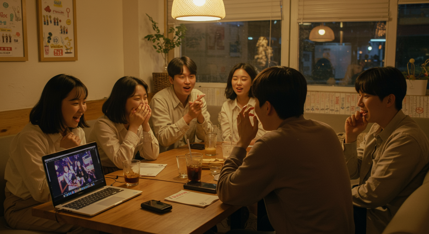 카페에서 친구들과 레디레 곡에 대해 이야기하며 뮤직비디오를 노트북으로 보는 모습