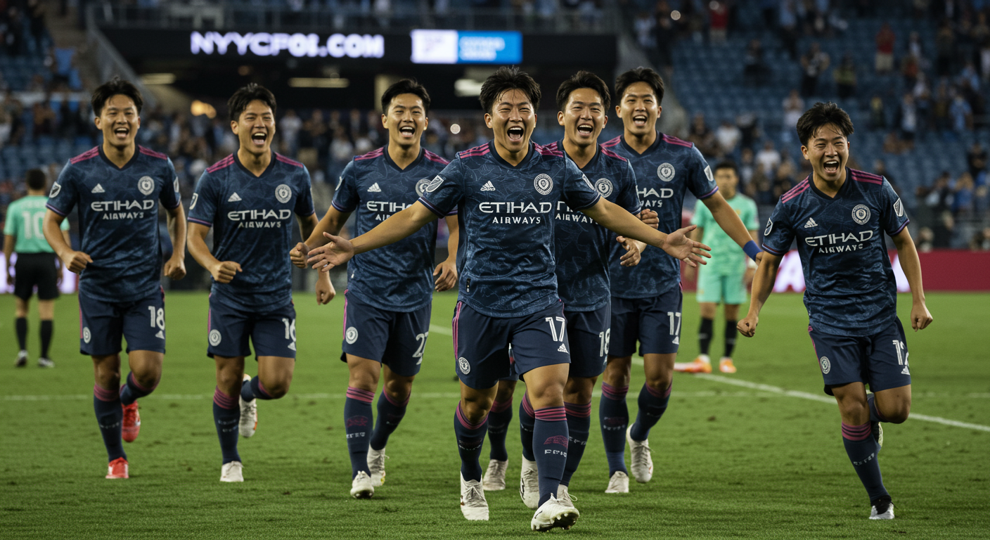 도전적인 여정을 거쳐 승리를 기뻐하는 NYCFC 선수들